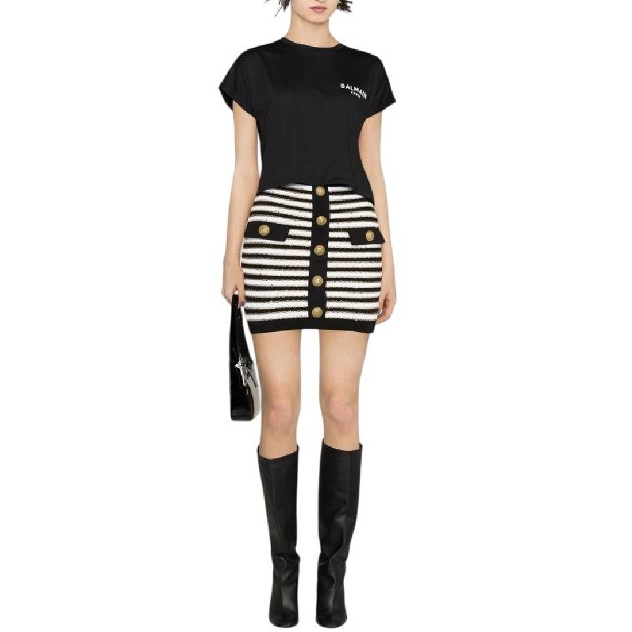 Button Embellished Stripe Mini Skirt