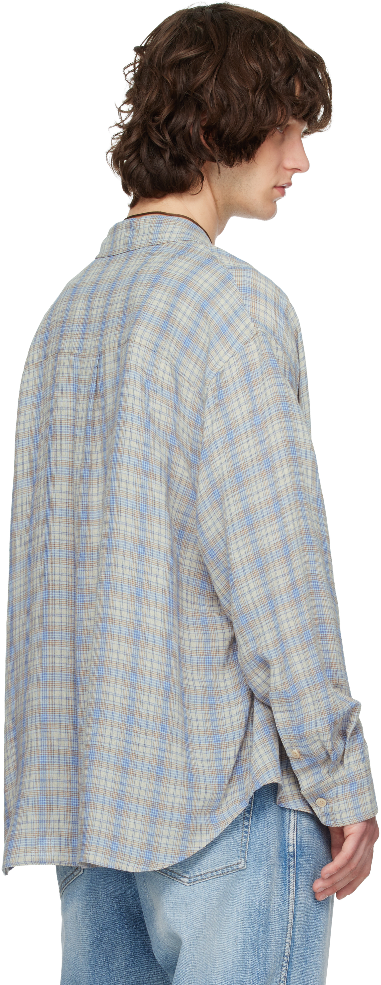 Blue Viscose Linen Check Shirt