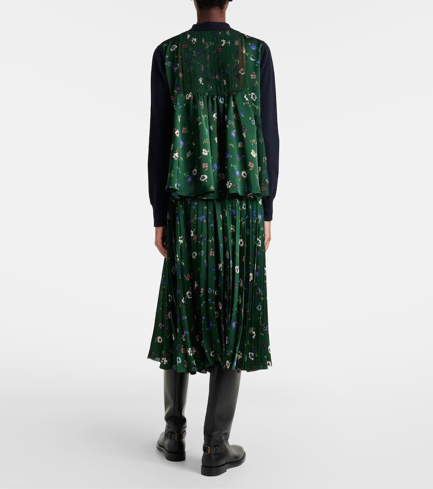Floral plissé satin midi skirt