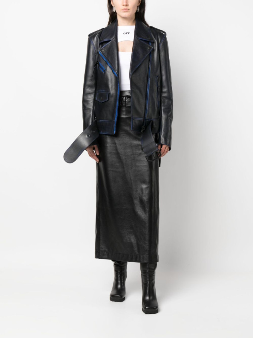 Contrast-trim leather jacket - COBALT BLUE WHITE