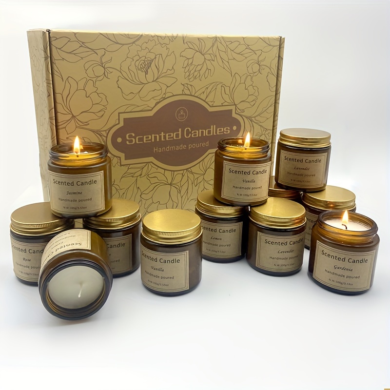 TEMU 12-pack Scented Candles Gift Set - 30-hour Smokeless Soy Wax Candles In Brown Glass Jars 100g/3. | Decor & Gift For Christmas, Wedding