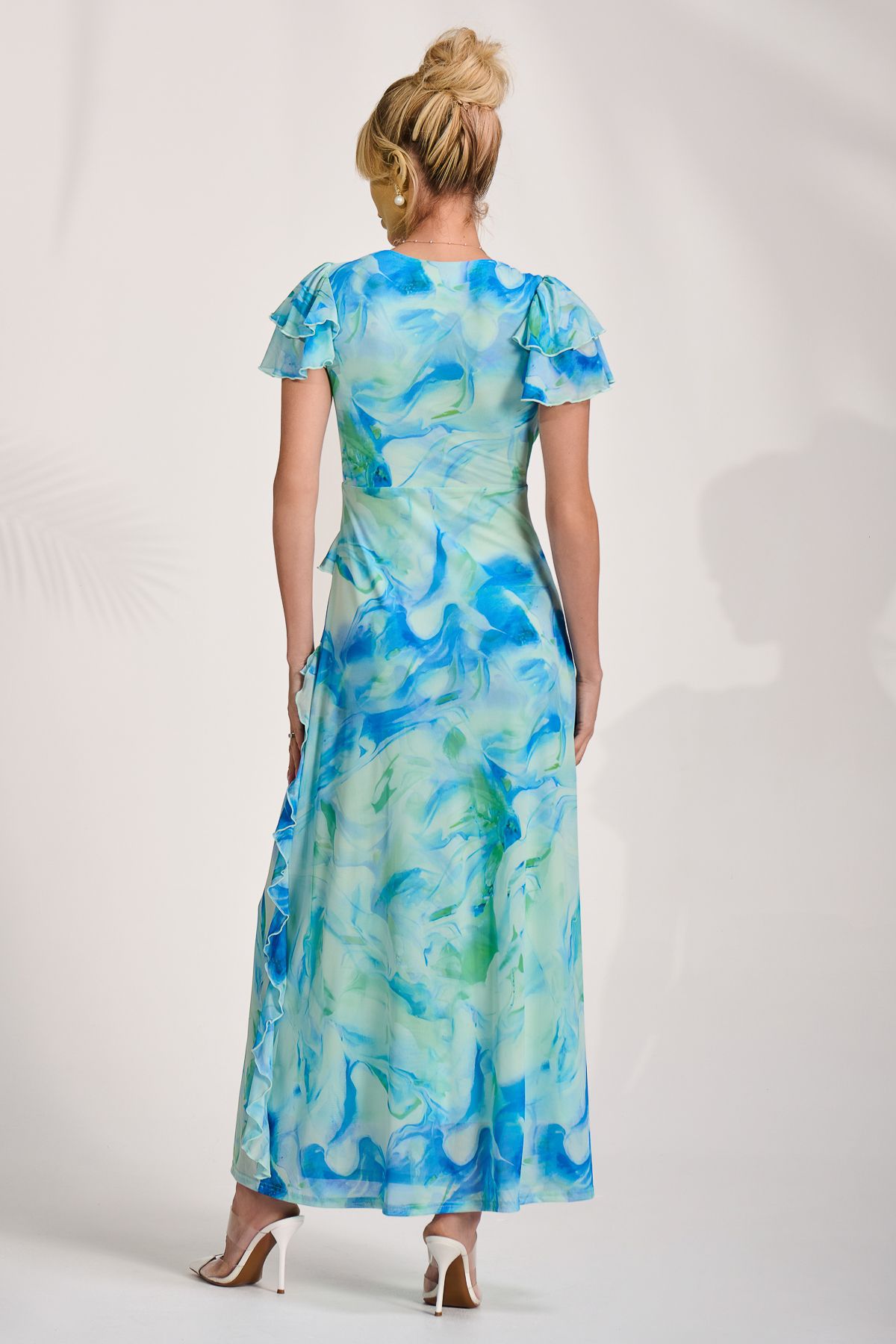 Jolie Moi Women's Cap Sleeve Ruffle Mesh Maxi Dress in Blue
