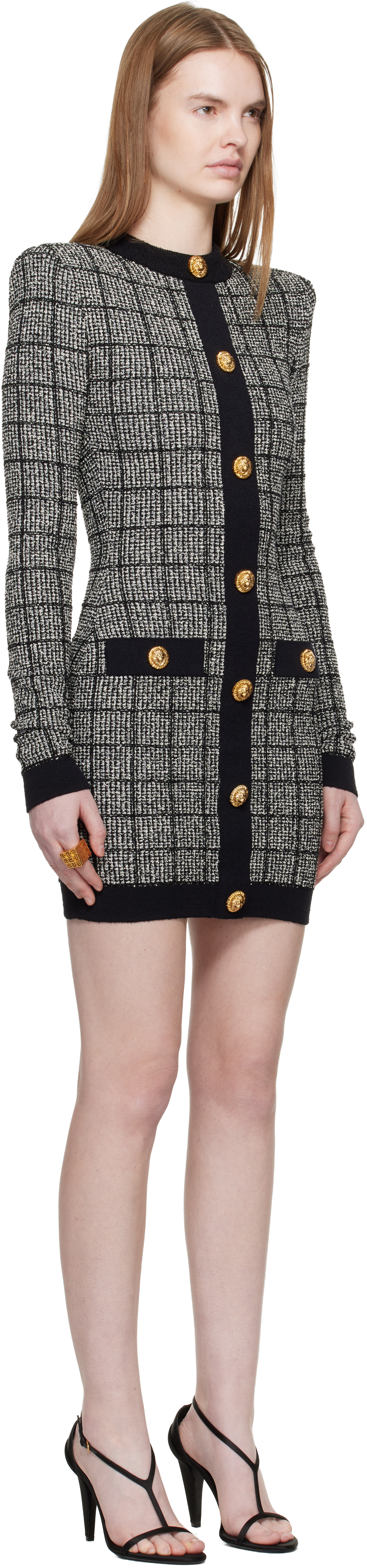 Black & White Buttoned Light Tweed Minidress