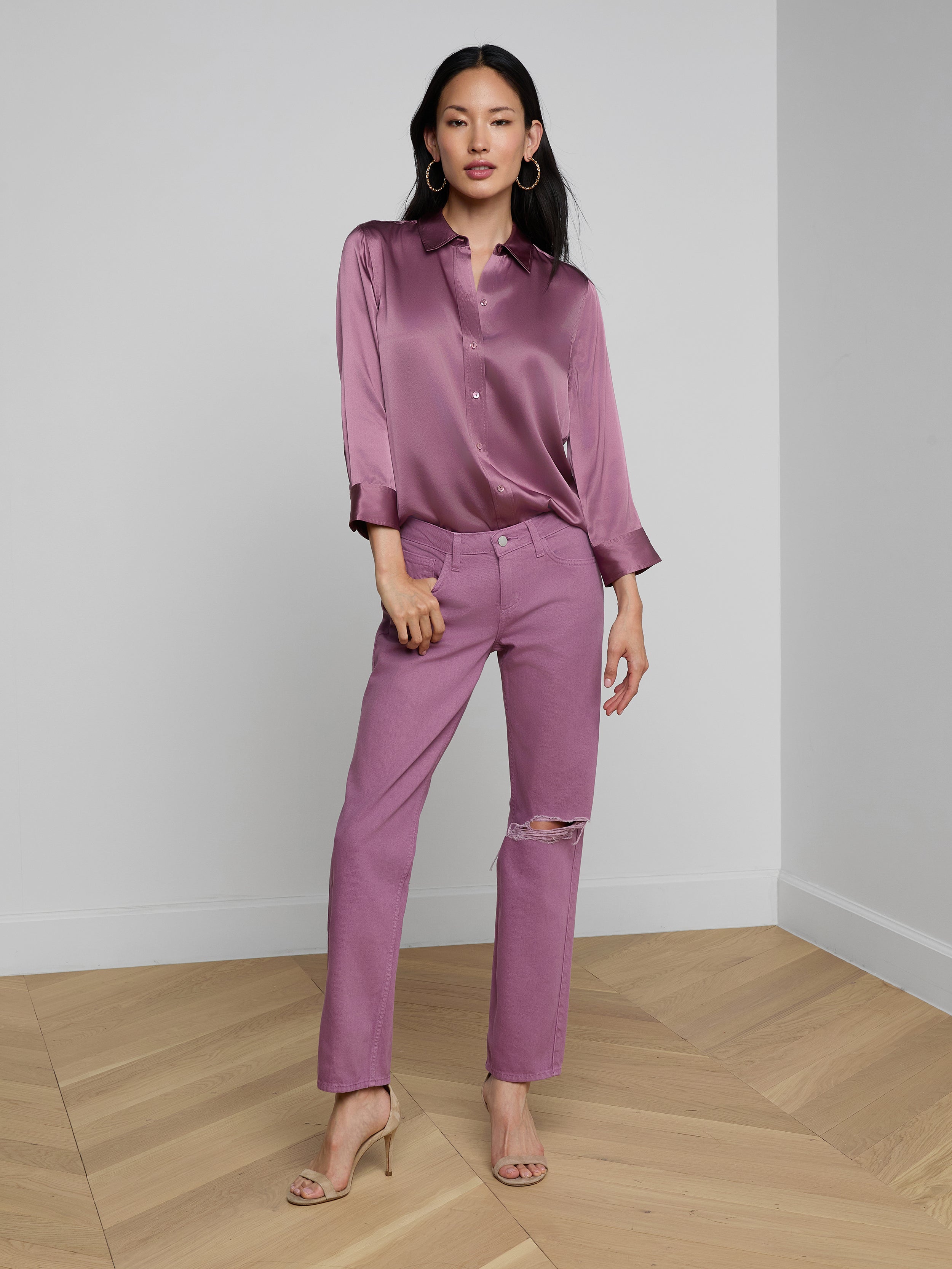 Nevia Slouchy Straight-Leg Jean In Dusky Orchid Destruct