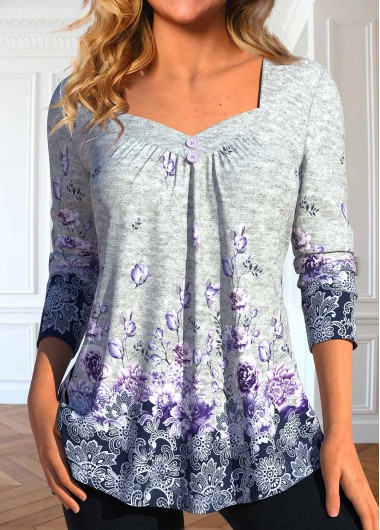 Modlily Grey Button Floral Print Long Sleeve T Shirt