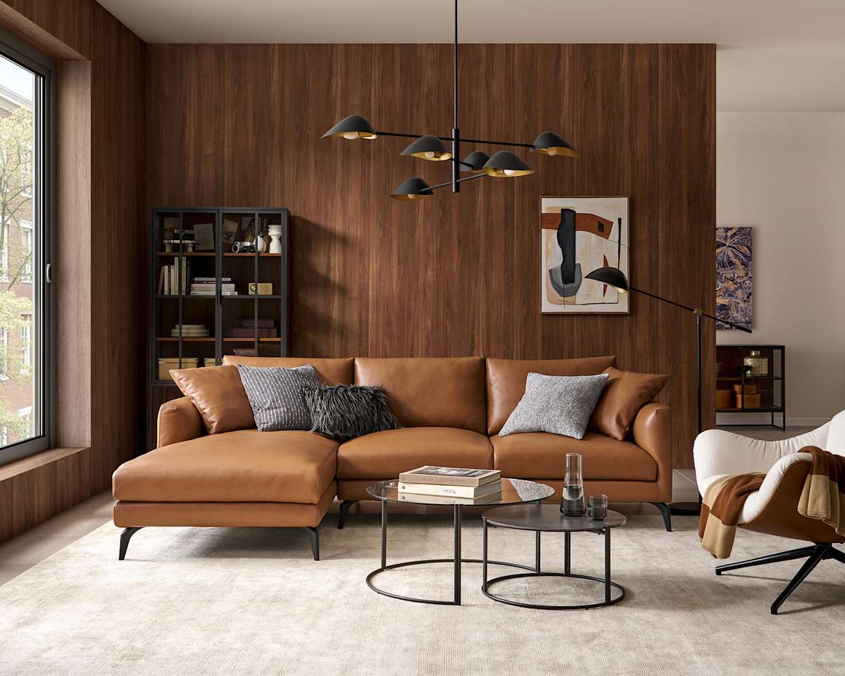 Lena Leather Chaise Sectional Sofa, Left Facing, American Top Grain Leather, Brown, Matte Black Legs