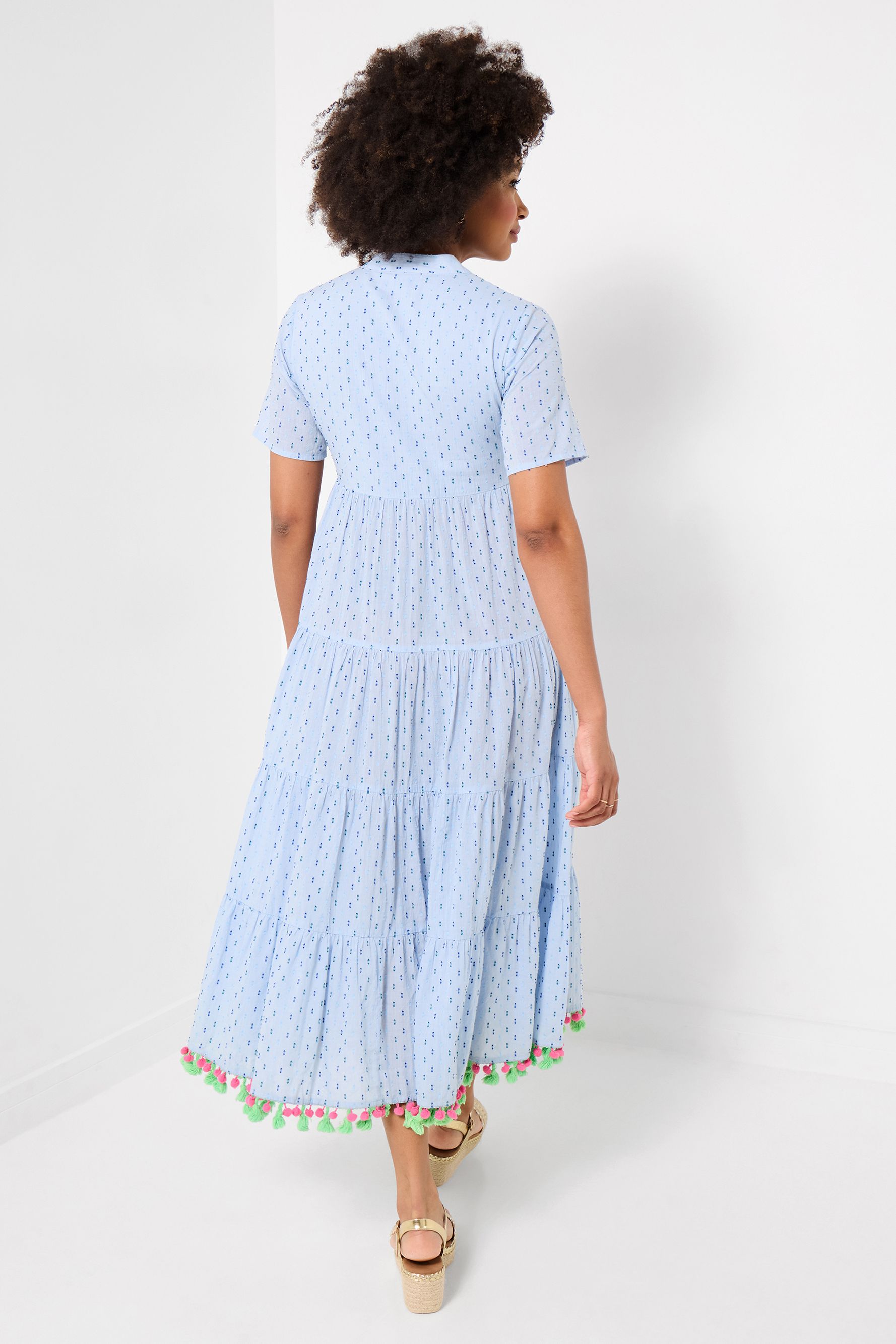 Joe Browns Embroidered Midi Dress With Tie Neckline And Tassel Trim In Blue