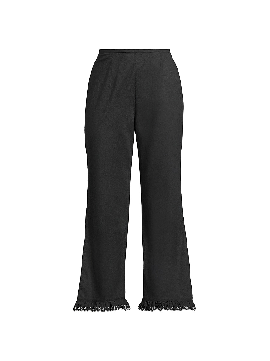 Women's Kaja Cotton Voile Embroidered-Hem Crop Pants - Black