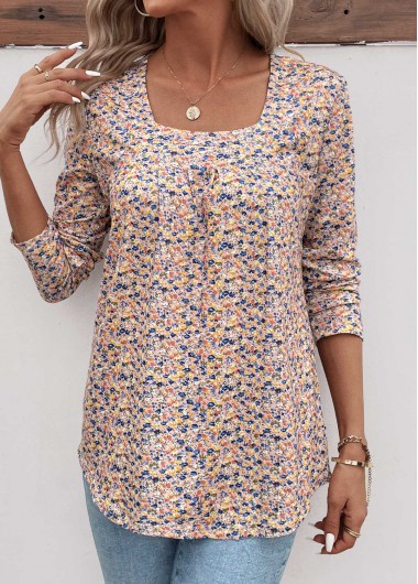 Modlily Yellow Ruched Ditsy Floral Print Long Sleeve T Shirt