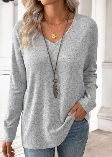 Modlily Light Grey Long Sleeve V Neck T Shirt
