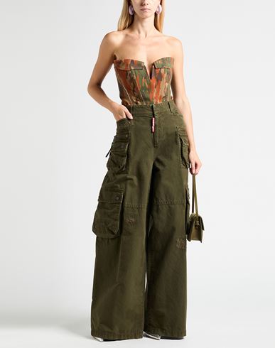 Woman Pants Military green Size 8 Cotton, Calfskin