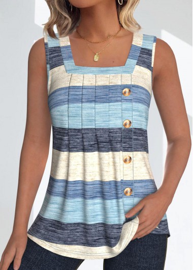 Modlily Light Blue Button Striped Sleeveless Square Neck Tank Top