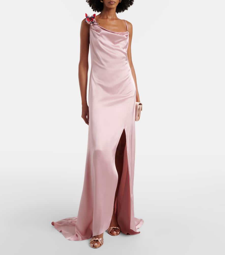 Appliqué satin gown