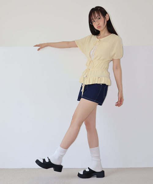 RUFFLE TEM TIE KNIT CARDIGAN SOFT YELLOW