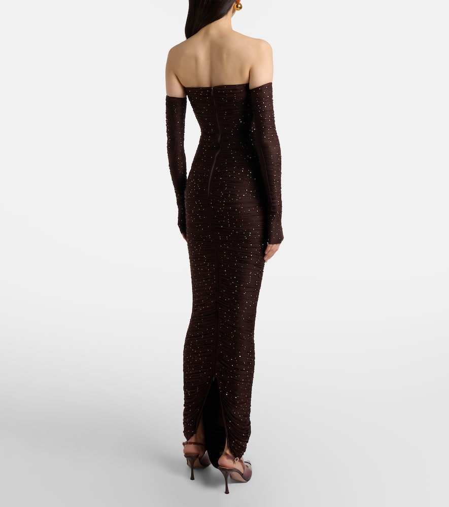 Ruched off-shoulder embellished jersey gown
