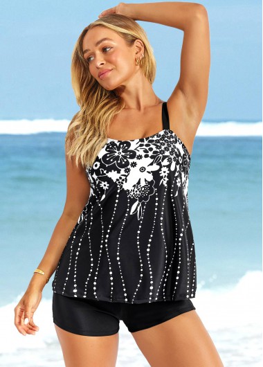 Modlily Floral Print Wide Strap Black Tankini Set