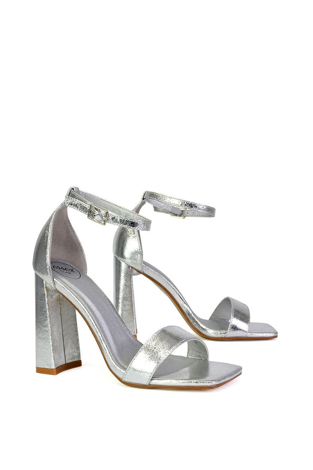XY London Women's 'Kamryn' Ankle Strap Square Toe Block High Heel Sandals in Silver