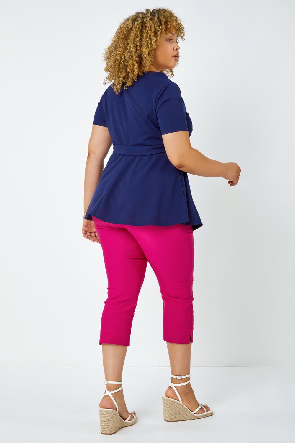Roman Women's Curve Stretch Belted Peplum Top in Navy