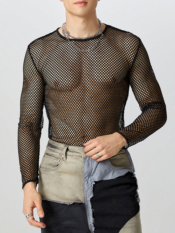 Mens Sexy Mesh Long Sleeve T-Shirts SKUI21473 - Black / S