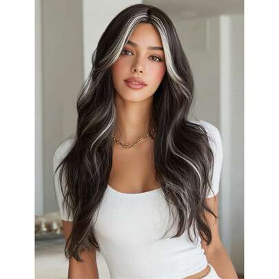 24-Inch Women's Brown Slightly Curly Long Hair Wig With White Gradient Highlights Design A-Line Bangs To Make The Face Look Smaller Full Headpiece Rea