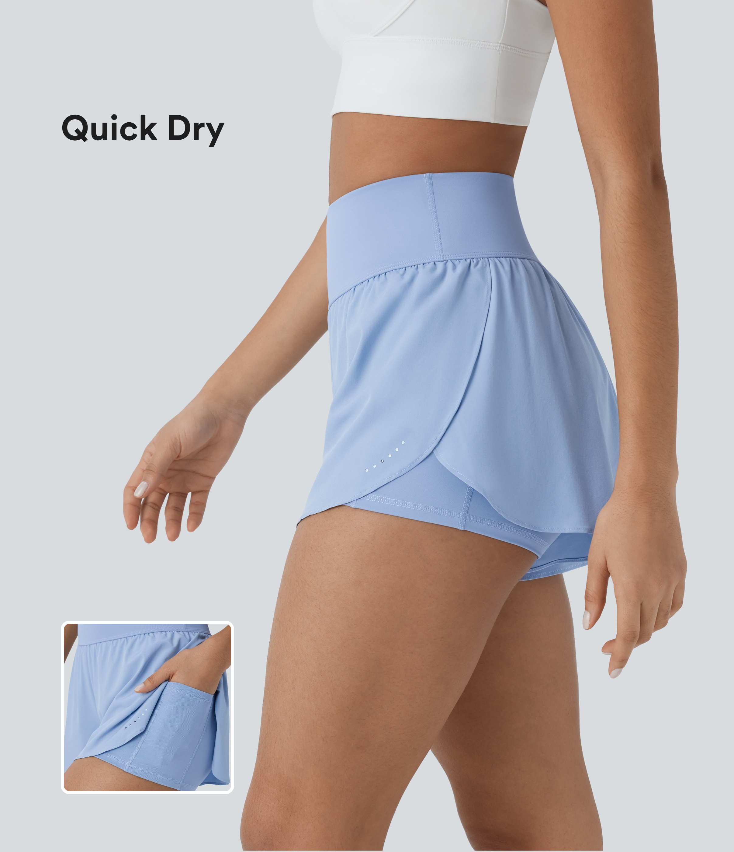 SoftlyZero™ QuickDry High Waisted Tummy Control Reflective Dots Crossover Hem 2-in-1 Running Shorts 3'' with Pockets Gym Short - Sky Blue