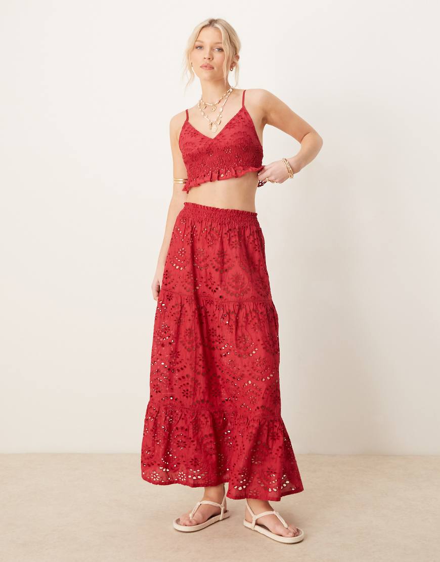 Iisla & Bird broderie maxi beach skirt in cherry red