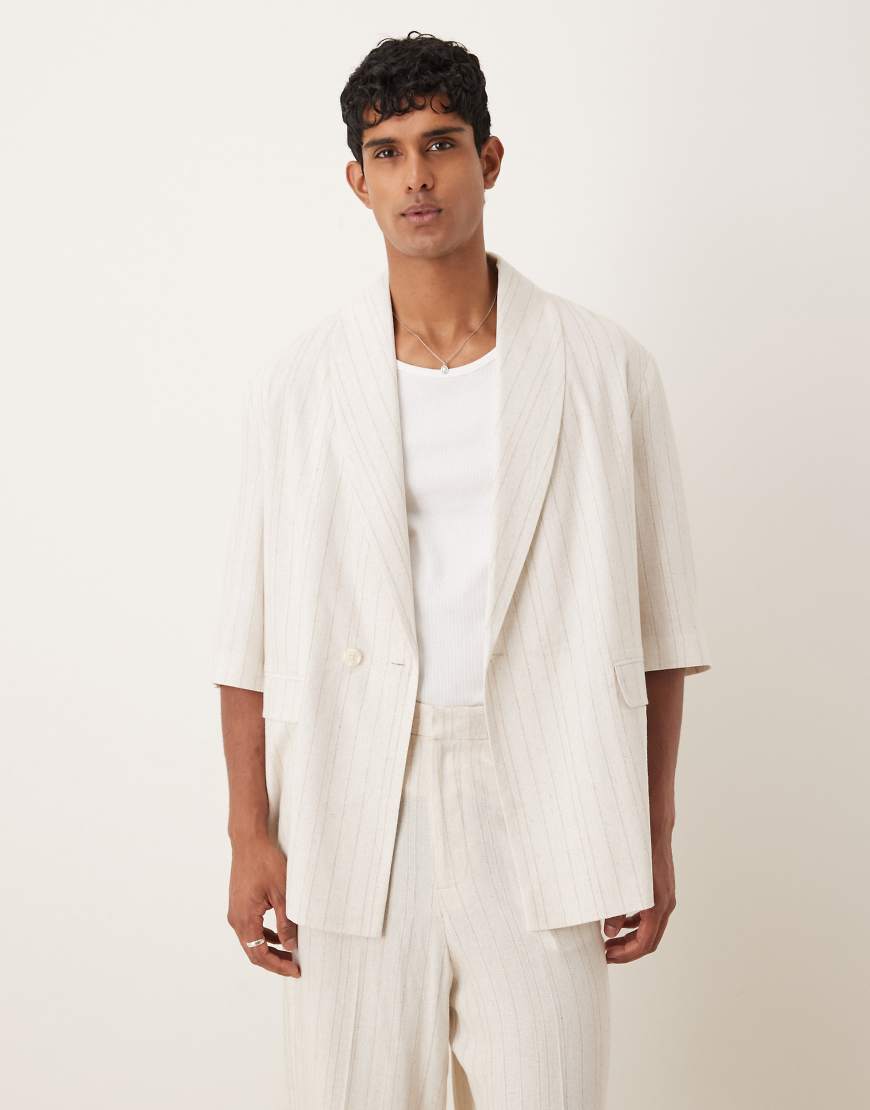 Linen mix slouchy oversized suit jacket in stone pinstripe-Neutral
