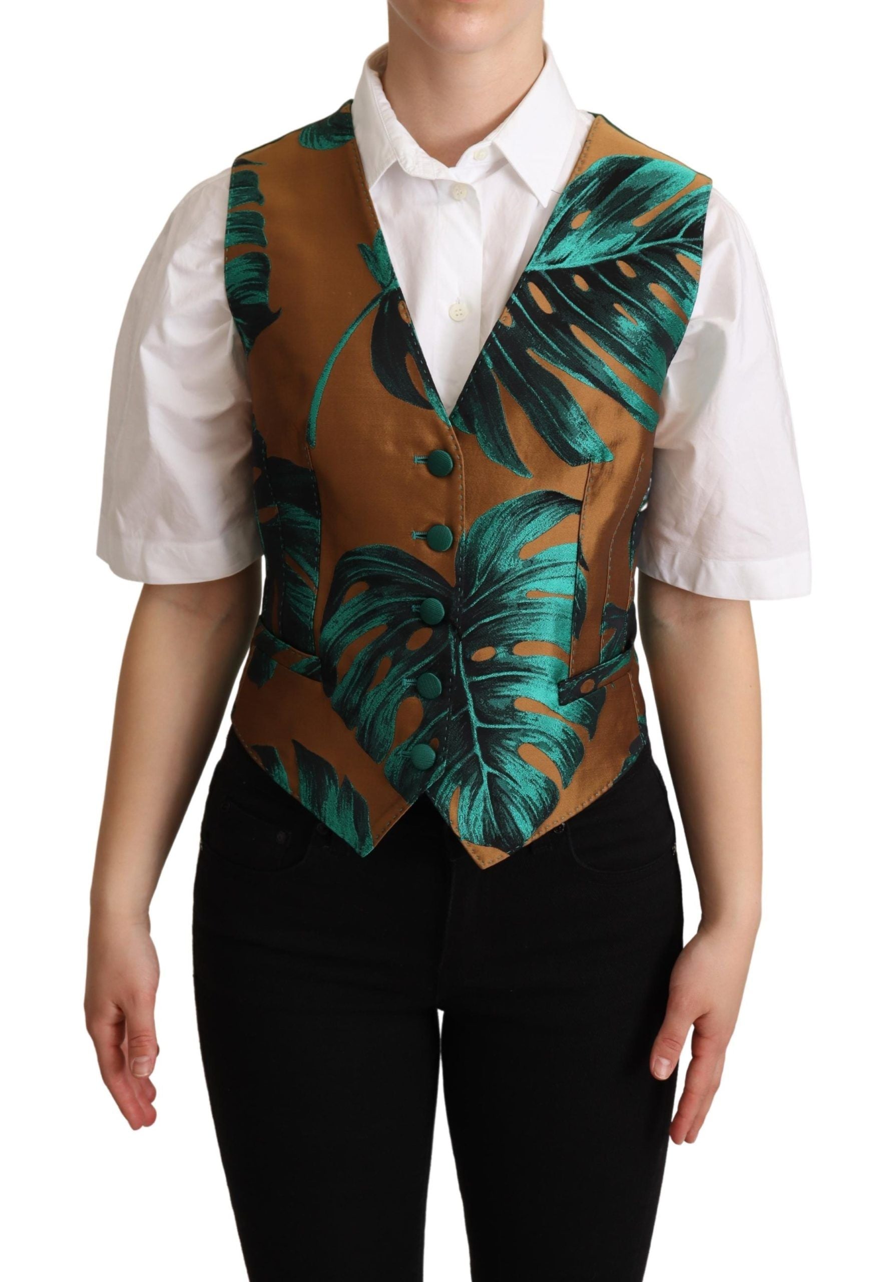 Jacquard Leaf Print Vest — Brown