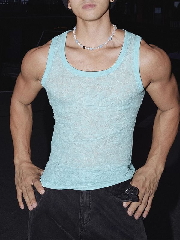 Men's Sheer Lace Jacquard Textured Tank SKUL54098 - Blue / S