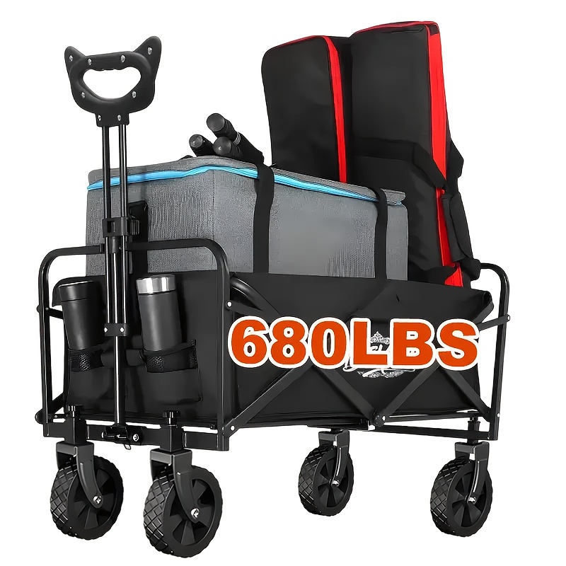 TEMU 100-680 Lbs, Folding Trolley, Large Capacity Camping Shopping Trolley, Multi-functional Camping, Gardening And Beach Shopping Trolley, Black