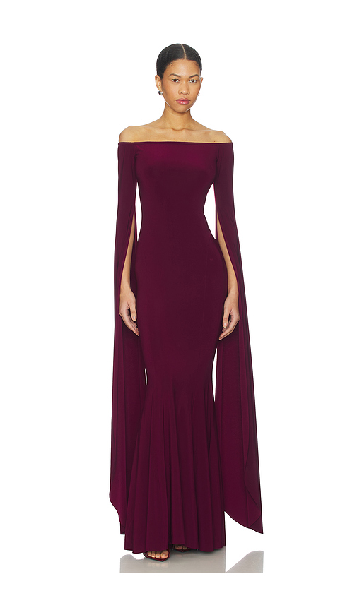 Norma Kamali Off Shoulder Ribbon Sleeve Fishtail Gown in Burgundy. L. Also in