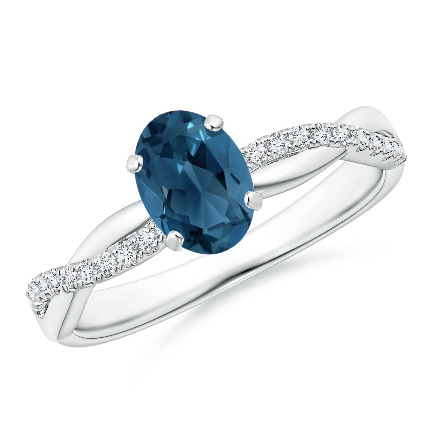 Angara 0.95 Carat Oval London Blue Topaz Twist Shank Ring with Diamonds in Platinum