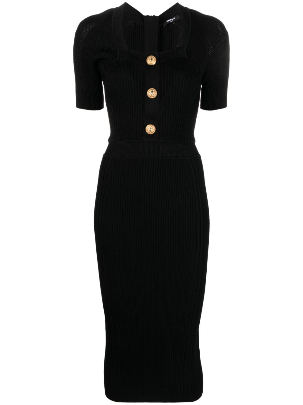 Button-embellished ribbed-knit dress - Black