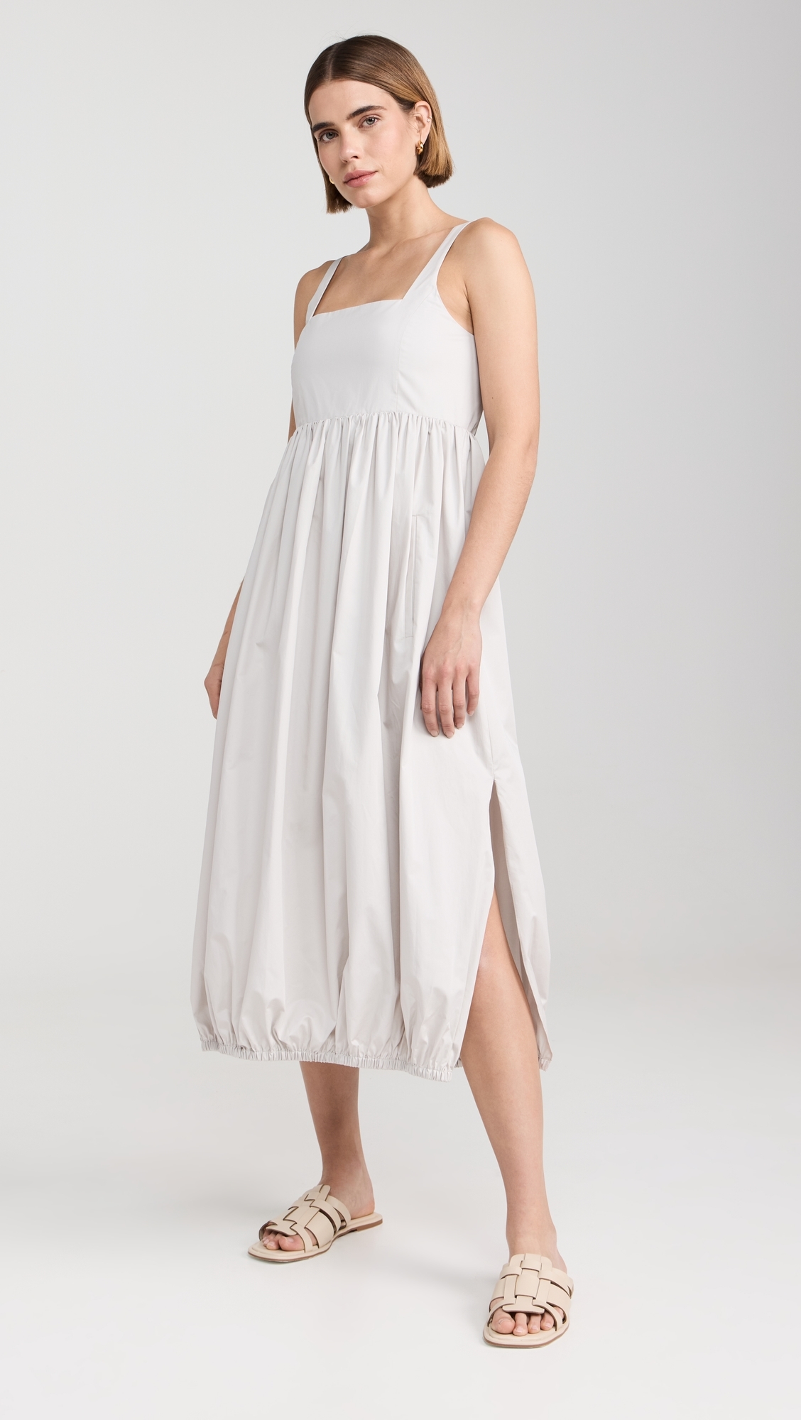 Eco Poplin Square Neck Sculpted Dress Stone