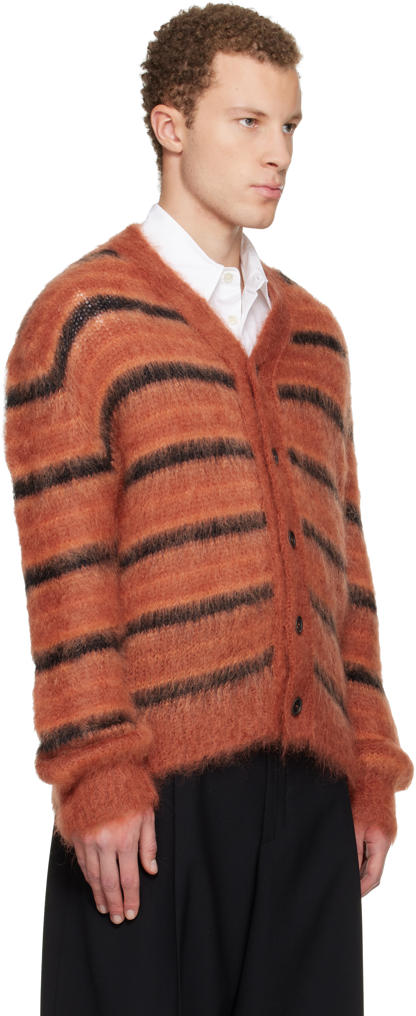 Red & Black Fuzzy Wuzzy Stripe V-Neck Cardigan