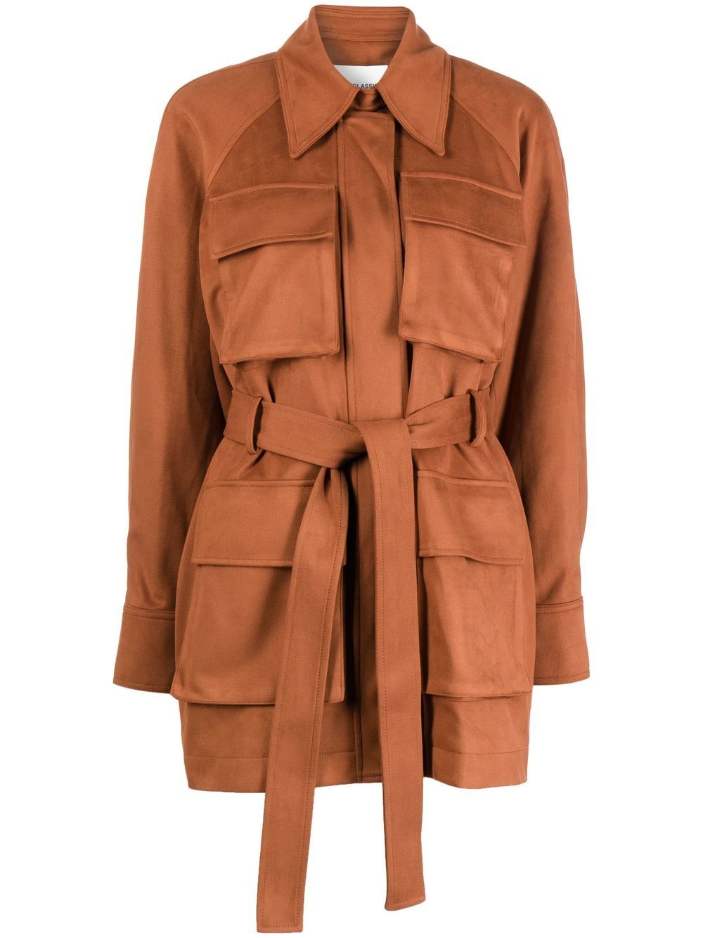 Check-print belted leather jacket - Brown