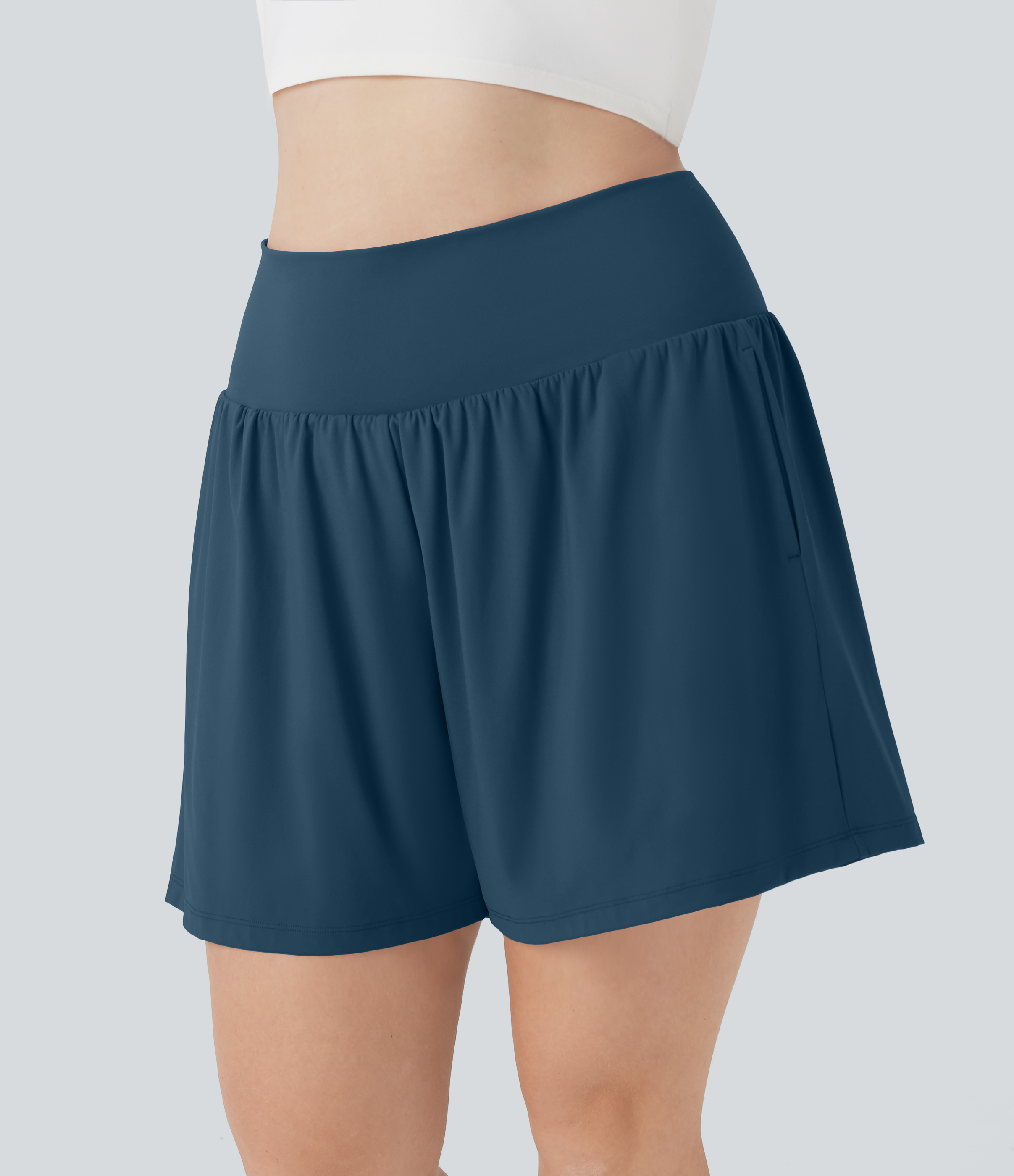 "SoftlyZero™ Airy Super High Waisted 2-in-1 Cool Touch Yoga Plus Size Shorts 7"" with Pockets Gym Short - Majolica Blue