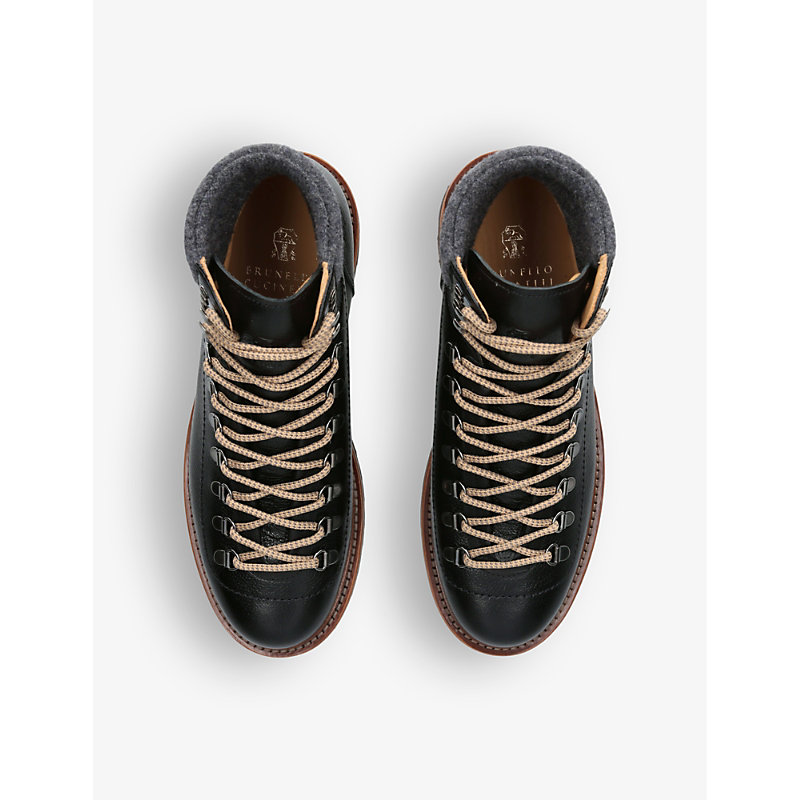 Mens Black Chunky-sole Tonal-stitching Leather Hiking Boots