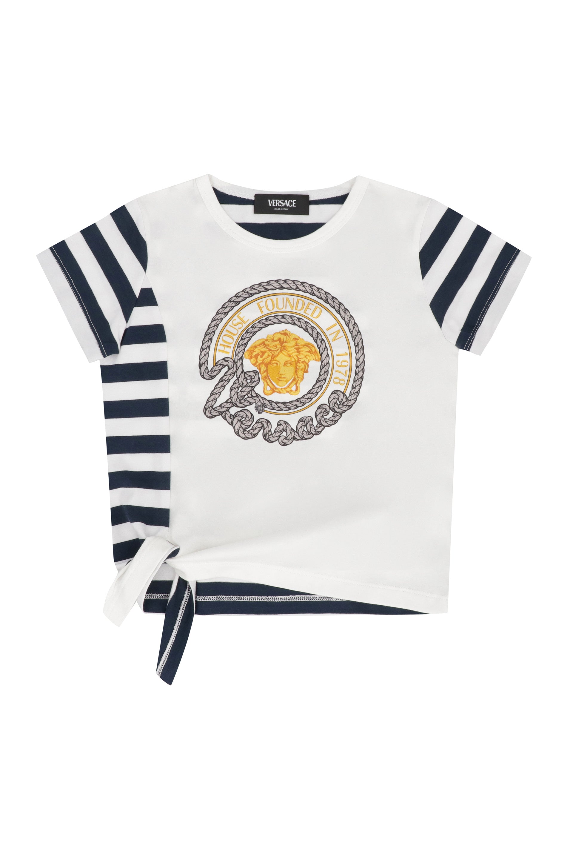 Girls Printed Cotton T-Shirt with Striped Motif