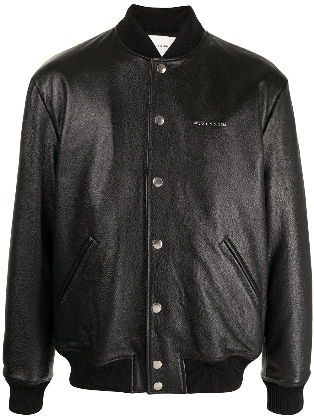 Logo-print pebbled leather jacket