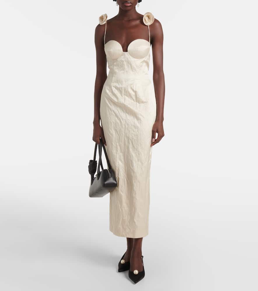 Floral-appliqué cotton-blend bustier dress