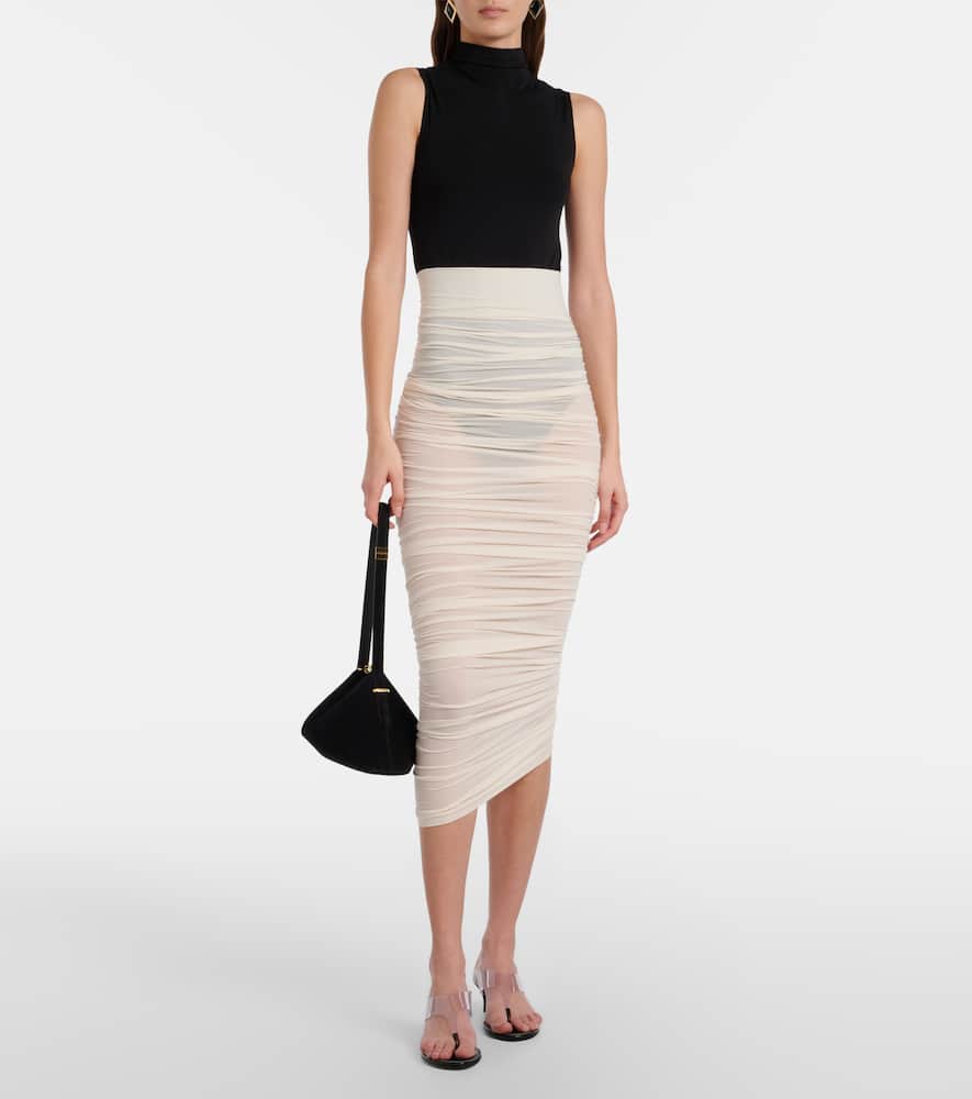Draped sheer high-rise midi skirt