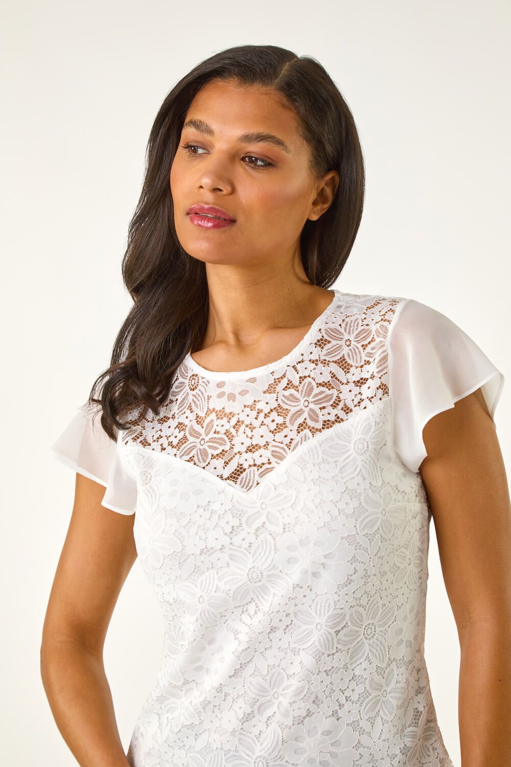 Roman Women's Chiffon Sleeve Floral Lace Top in Ivory