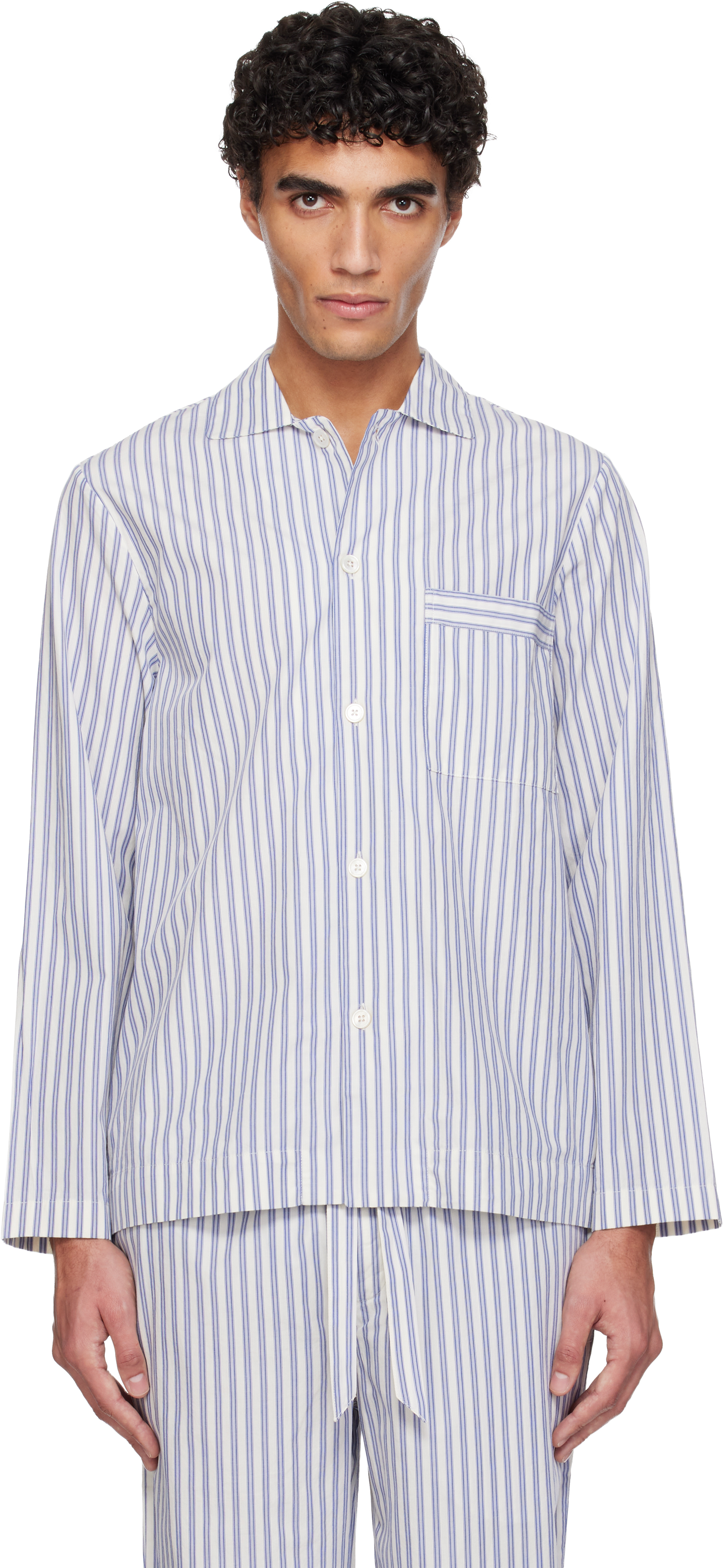 Blue & White Poplin Long-Sleeved Pyjama Shirt