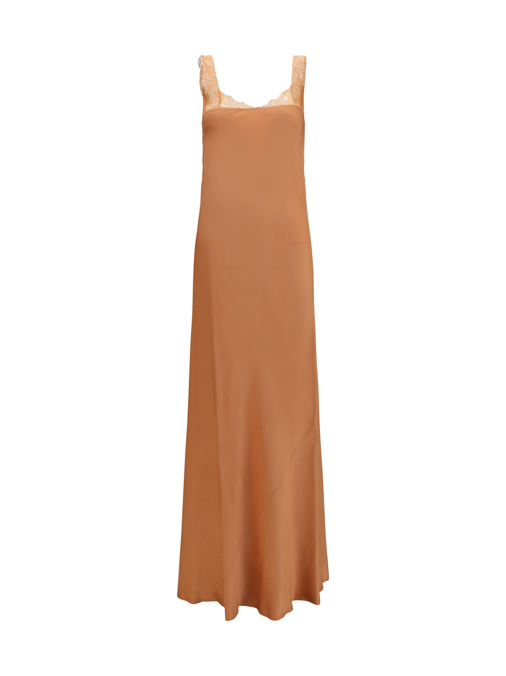 Satin Maxi with Lace Trims Dress — Beige