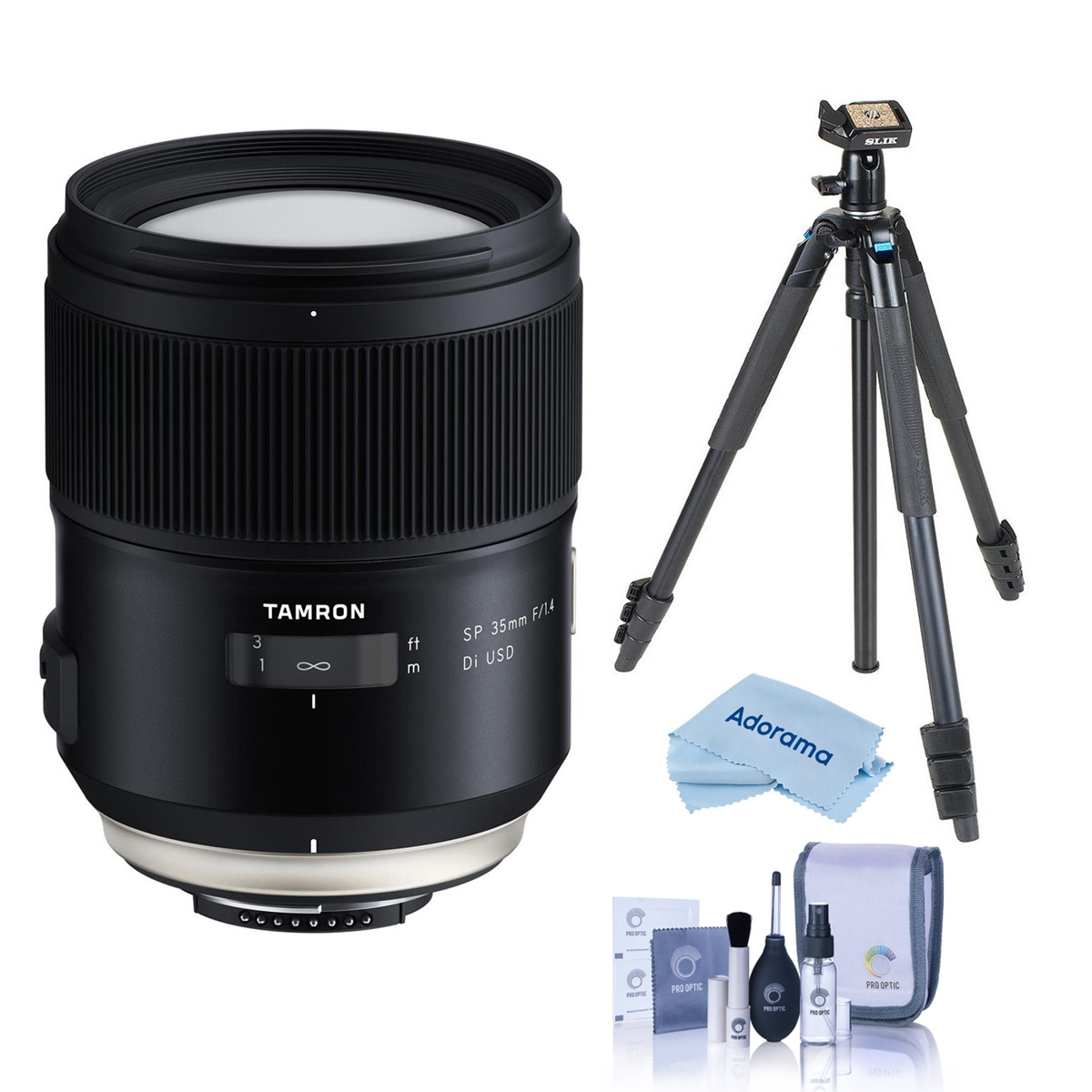 Sp 35mm f/1.4 Di Usd Lens for Nikon F, Bundle with Takama 3-Section Aluminum Video Tripod with Fluid Head, Cleaning Kit, Cleaning Cloth - Black