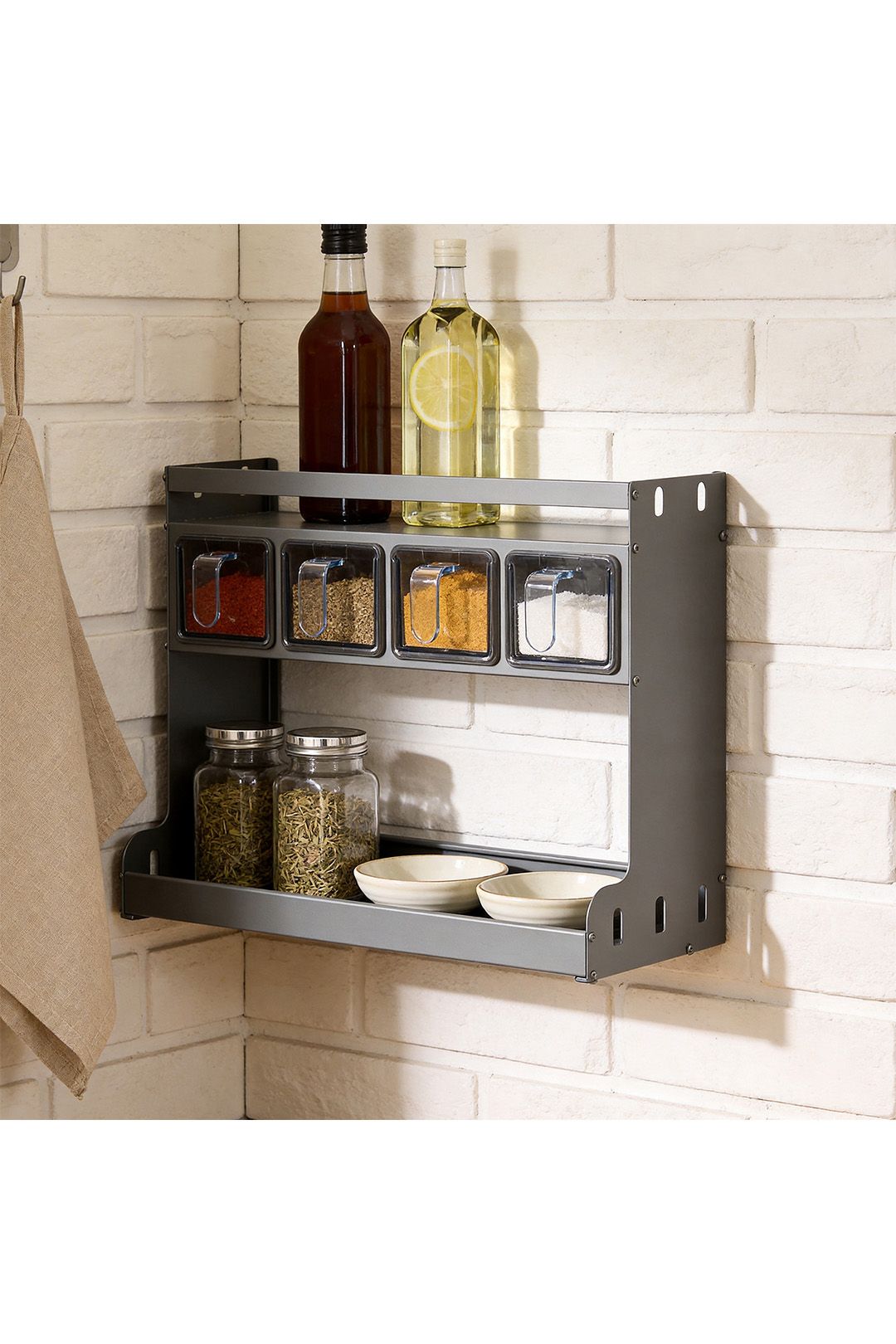 Living And Home 3-Tier Kitchen Spice Rack With 4 Seasoning Boxes In Grey