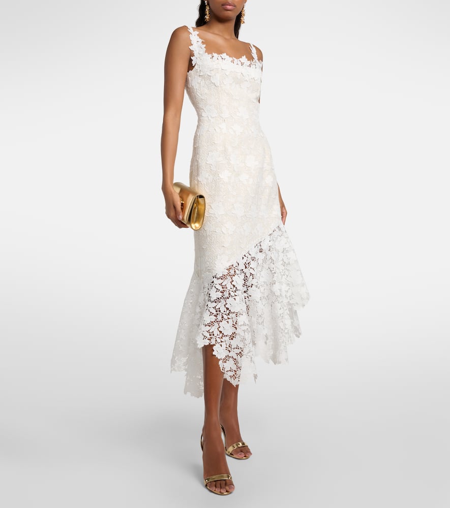 Floral lace-trimmed tweed midi dress