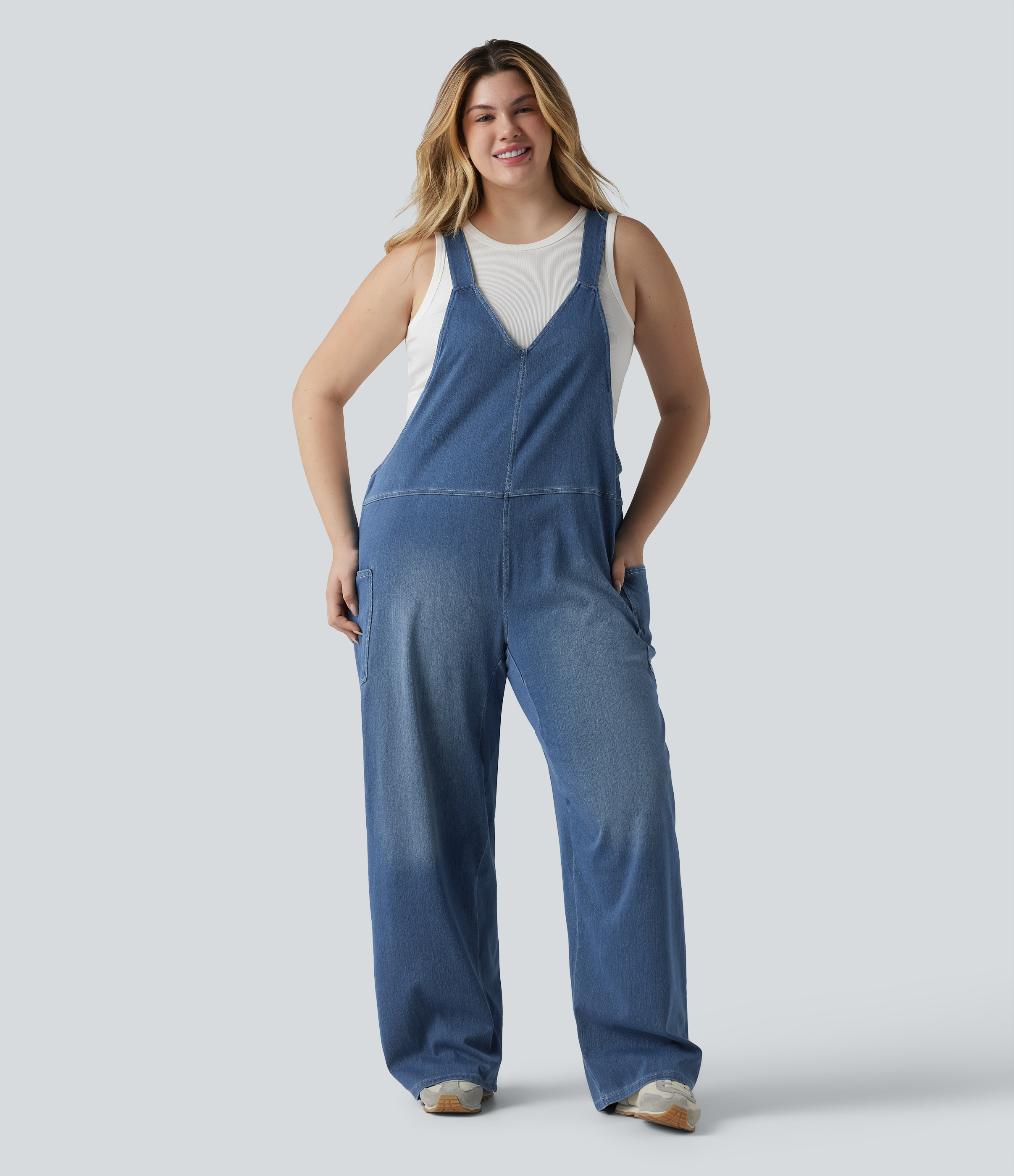 Flex™ V Neck Washed Denim Casual Plus Size Overalls with Pockets  - Frost Blue Denim