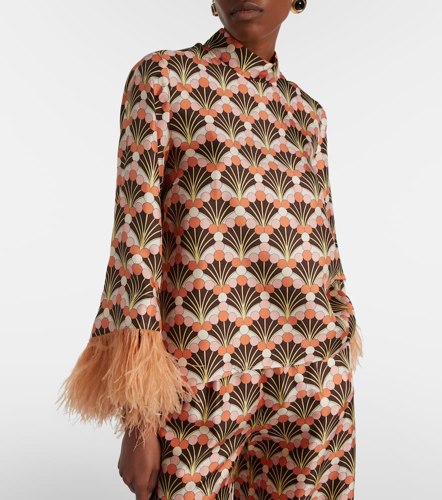 Make An Exit feather-trimmed silk twill top
